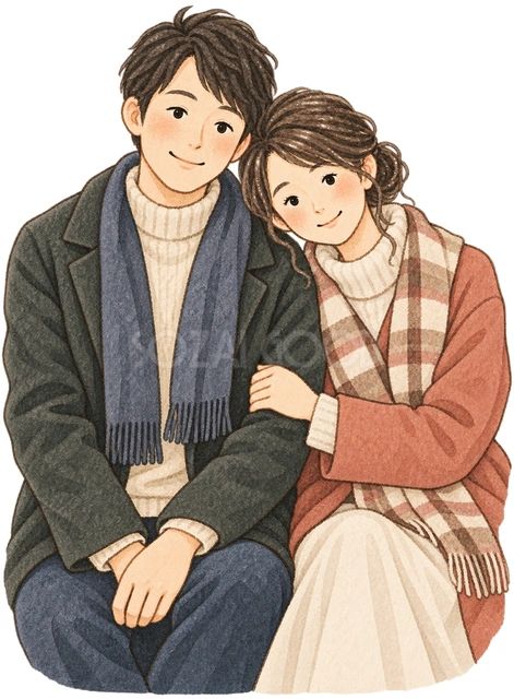 肩を寄せる夫婦の水彩イラスト