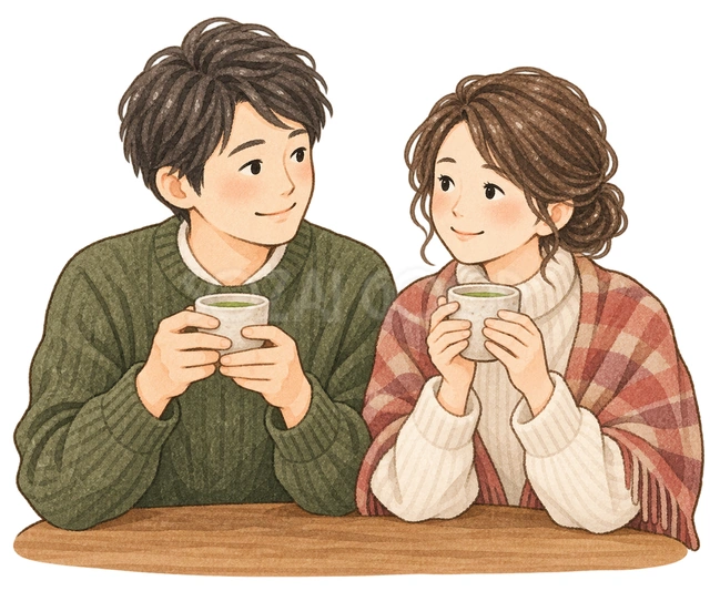 お茶を飲む夫婦の水彩イラスト