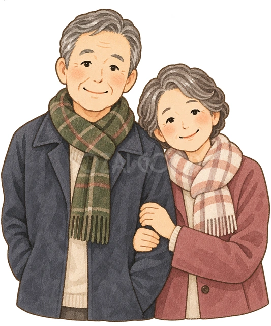 笑顔で並ぶ高齢夫婦の水彩イラスト