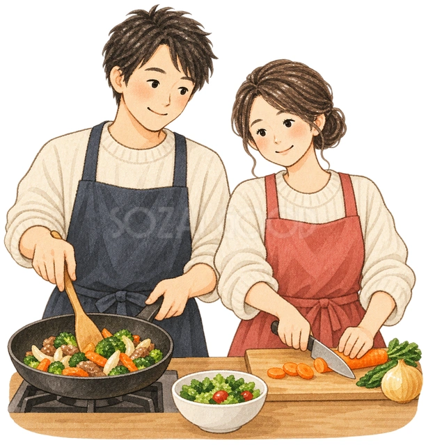 料理をする夫婦の水彩イラスト