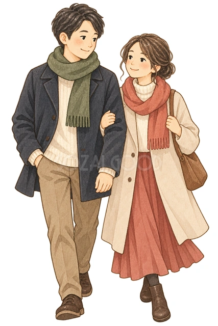 散歩する夫婦の水彩イラスト