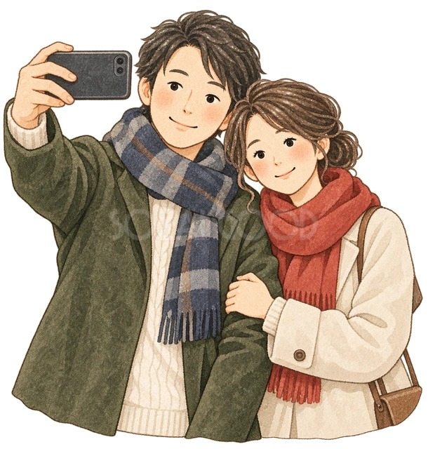 写真を撮る夫婦の水彩イラスト