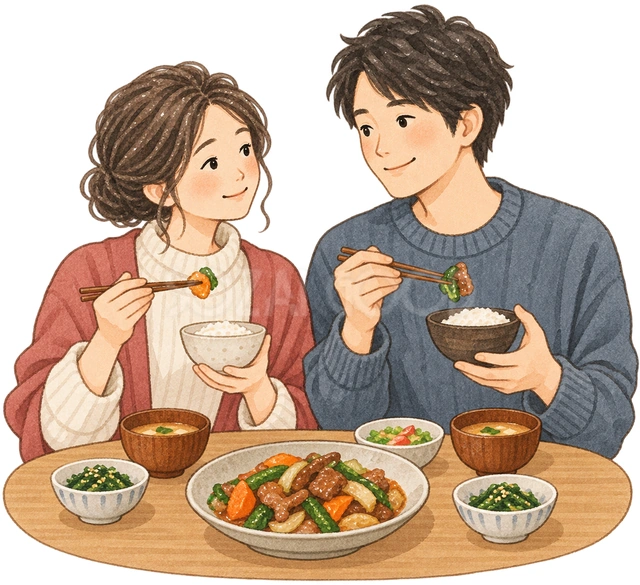 食事をする夫婦の水彩イラスト