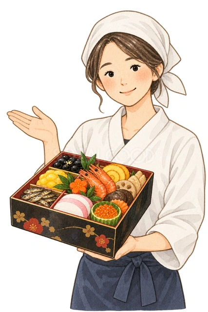 おせちを紹介する料理人の水彩イラスト