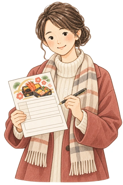 予約用紙を持つ女性の水彩イラスト