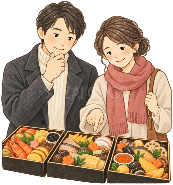 おせちを選ぶ夫婦の水彩イラスト