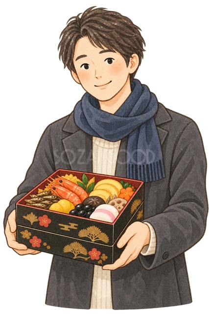 おせちを受け取る男性の水彩イラスト