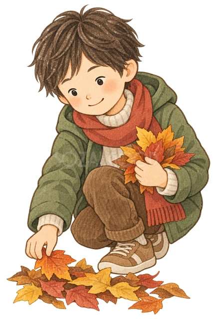 落ち葉を集める男の子の水彩イラスト