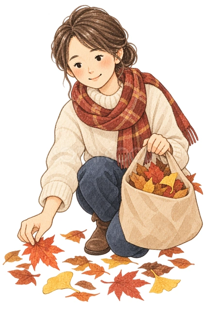 落ち葉を集める女の子の水彩イラスト