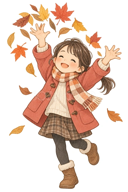 落ち葉を舞い上げる子どもの水彩イラスト
