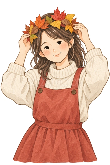 落ち葉の冠をかぶる女の子の水彩イラスト