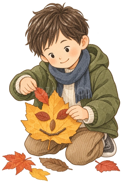 葉っぱの顔を作る男の子の水彩イラスト
