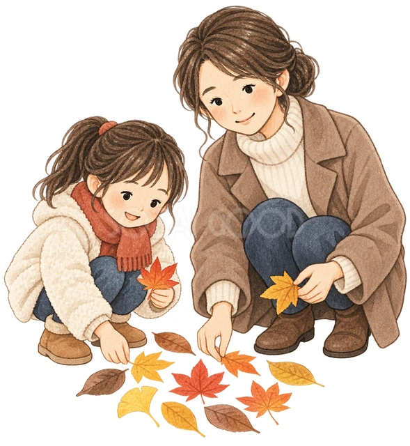 落ち葉を並べる親子の水彩イラスト