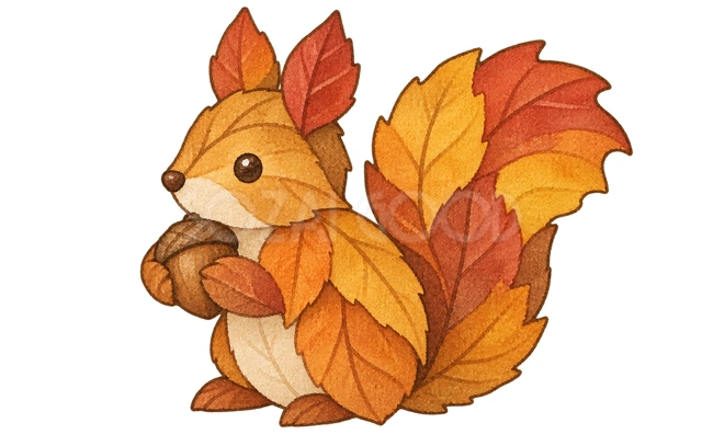 葉っぱの小さな動物飾りの水彩イラスト