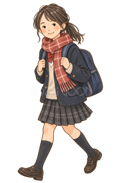 登校する女の子の水彩イラスト