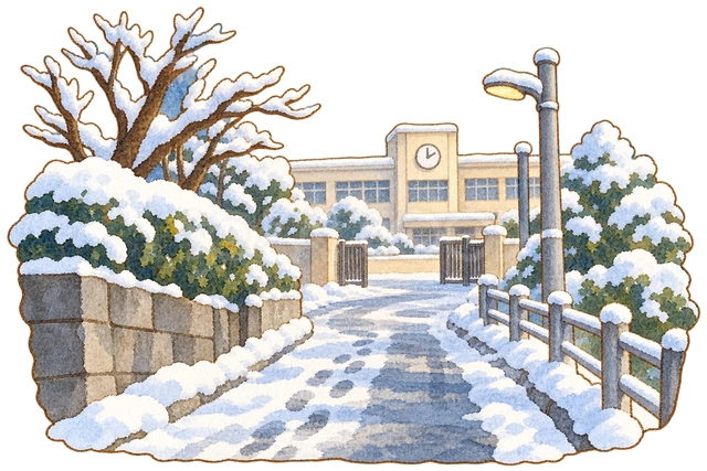 冬の朝の通学路の水彩イラスト