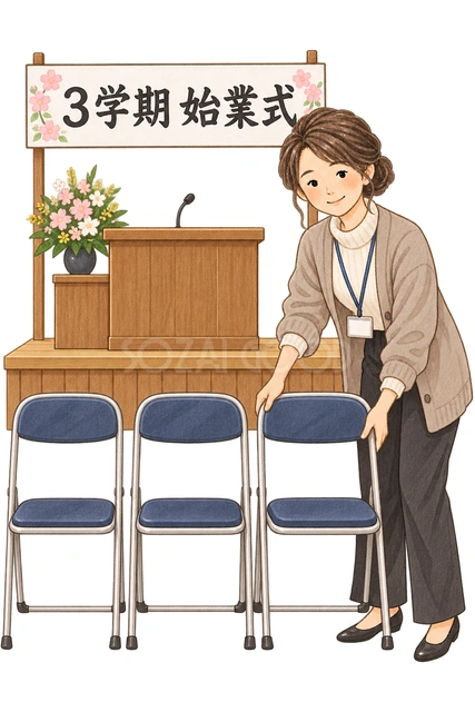 始業式の会場を整える先生の水彩イラスト