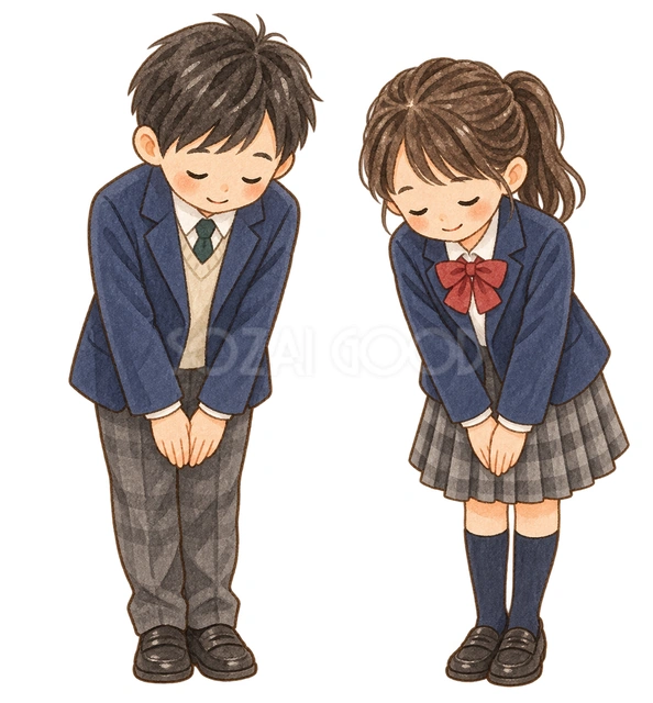 お辞儀する児童二人の水彩イラスト