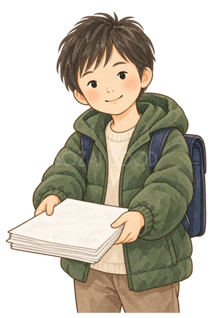 冬休みの宿題を出す子どもの水彩イラスト