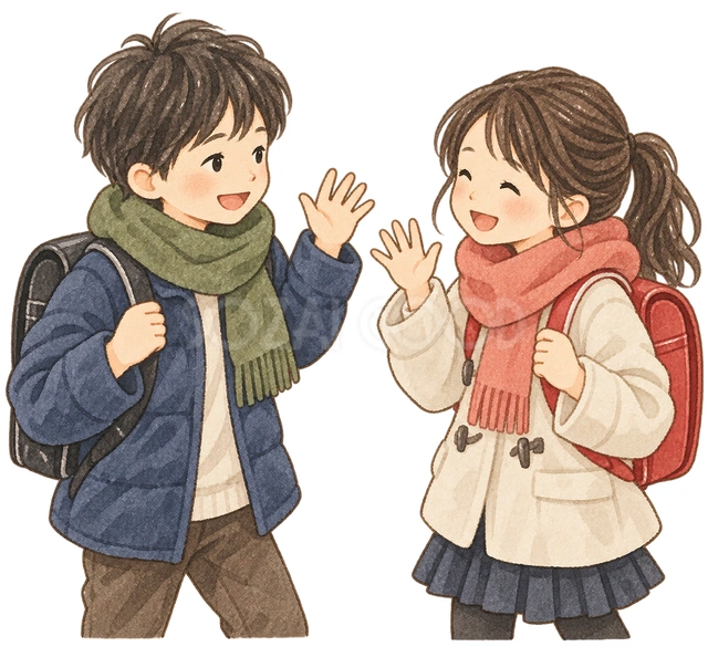 友達と再会する子ども二人の水彩イラスト