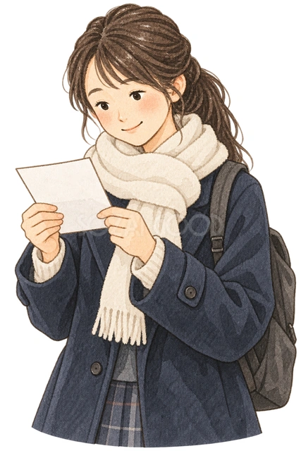 受験票を確認する女子学生の水彩イラスト