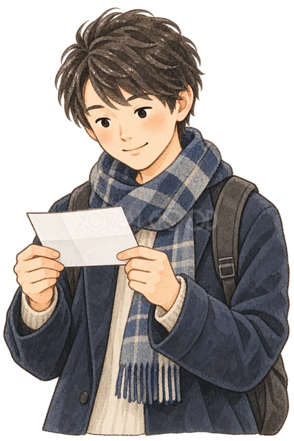 受験票を確認する男子学生の水彩イラスト
