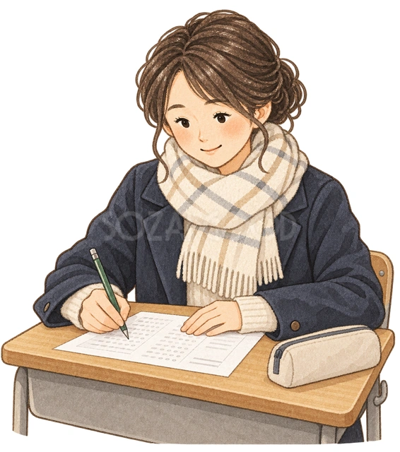 試験に取り組む学生の水彩イラスト