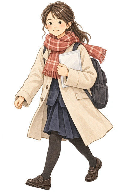 試験会場へ向かう女子学生の水彩イラスト