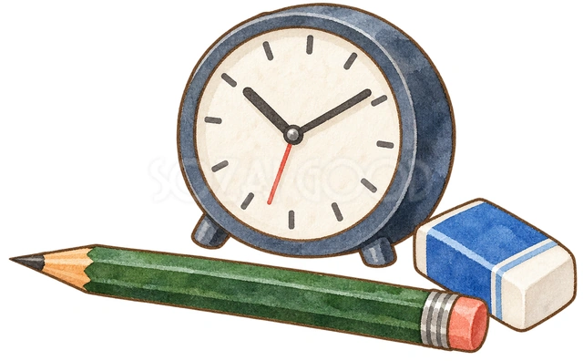 鉛筆と消しゴムと時計の水彩イラスト