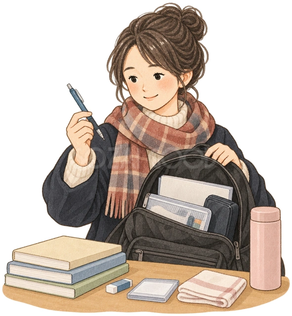 持ち物を確認する学生の水彩イラスト