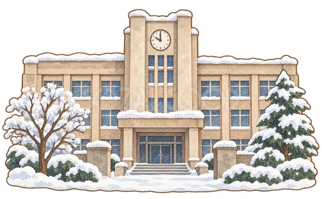 冬の受験会場の校舎の水彩イラスト