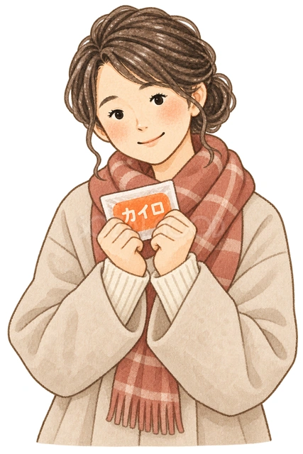 カイロで手を温める女性の水彩イラスト