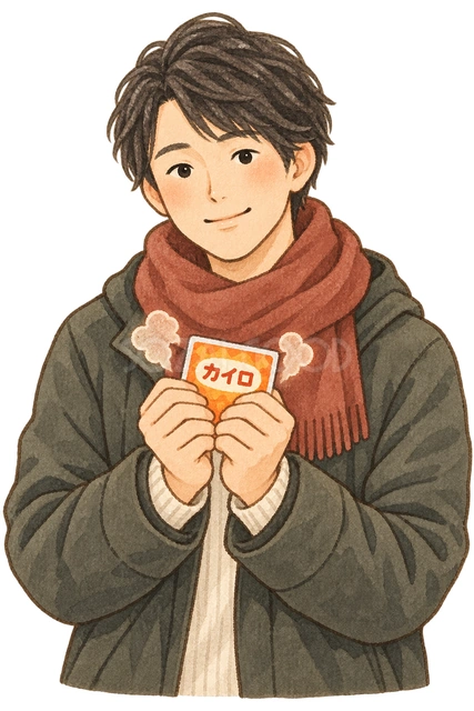 カイロで手を温める男性の水彩イラスト