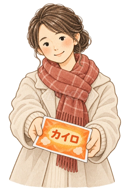 カイロを差し出す女性の水彩イラスト