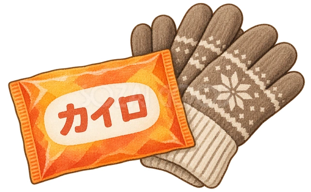 冬の外出用のカイロと手袋の水彩イラスト