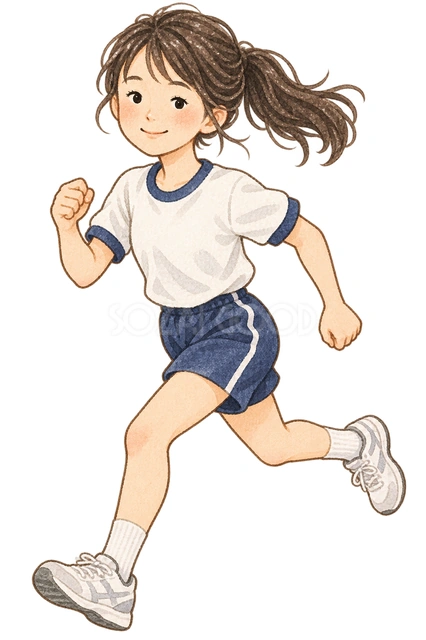 走る女の子の水彩イラスト