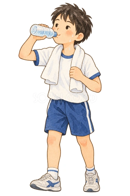 給水する男の子の水彩イラスト