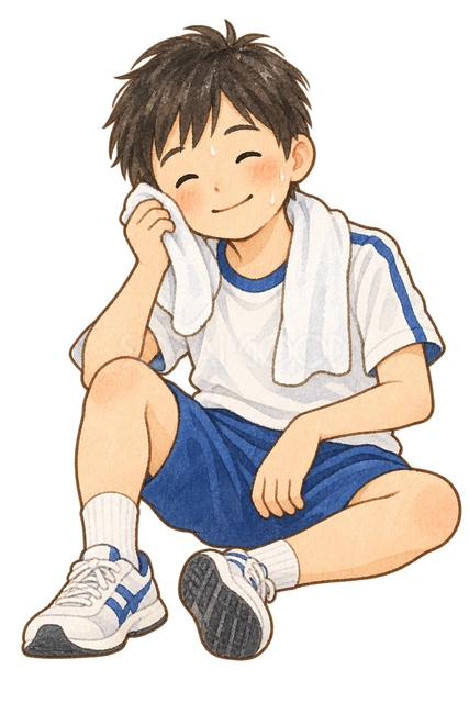 走り終えて休む男の子の水彩イラスト