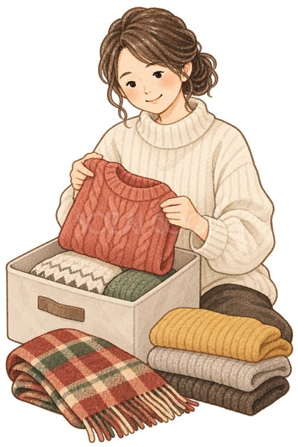 冬服を用意する女性の水彩イラスト