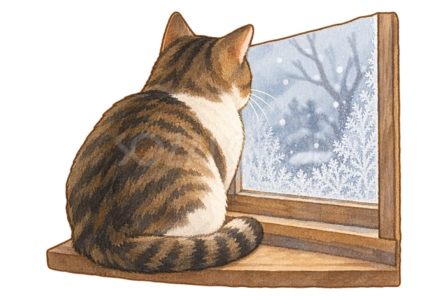 冷えた窓辺の猫の水彩イラスト