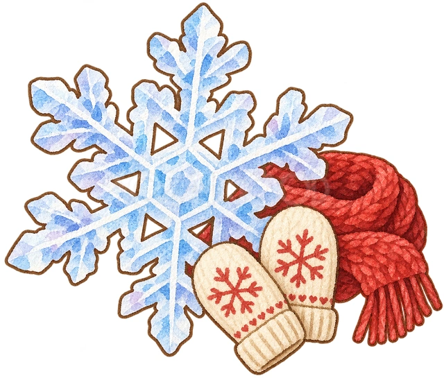 雪の結晶と冬小物の水彩イラスト