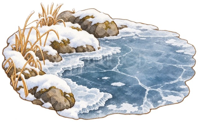 凍った池の縁の水彩イラスト