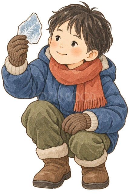 氷を観察する子どもの水彩イラスト