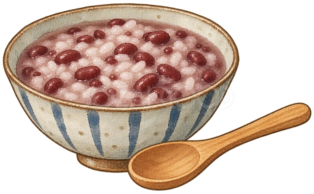 小豆粥と木の匙の水彩イラスト