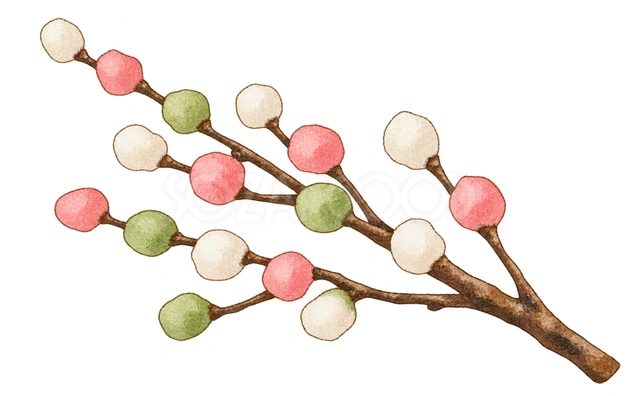 餅花の枝の水彩イラスト