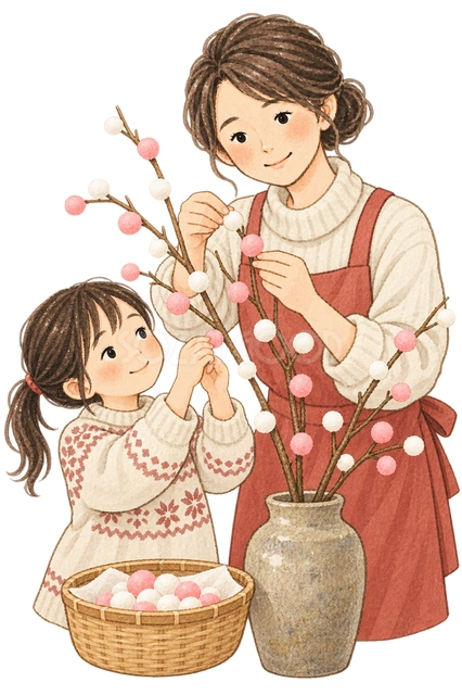 餅花を飾る親子の水彩イラスト