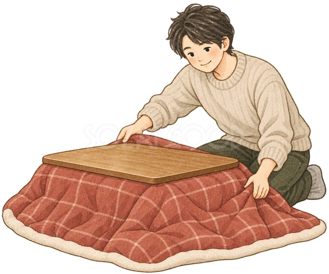 こたつを用意する男性の水彩イラスト