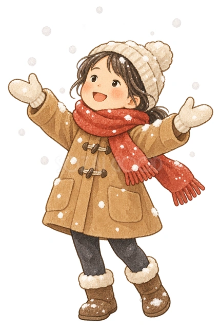 初雪を喜ぶ子どもの水彩イラスト
