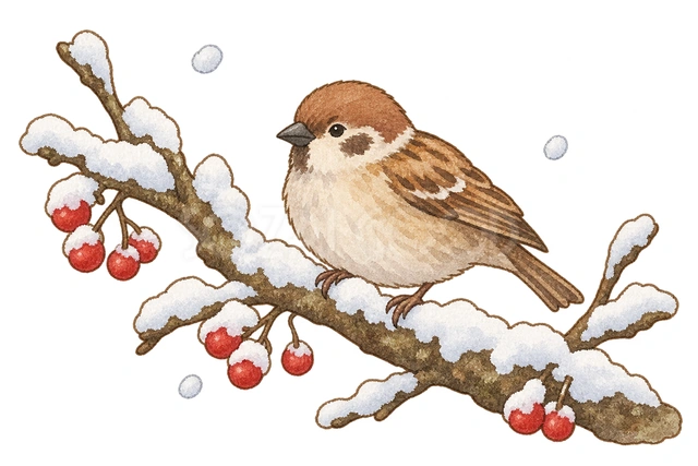 小鳥と雪の枝の水彩イラスト