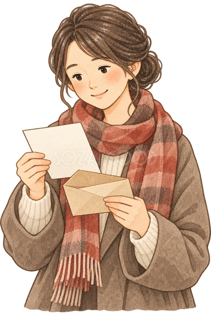 冬の便りを読む女性の水彩イラスト
